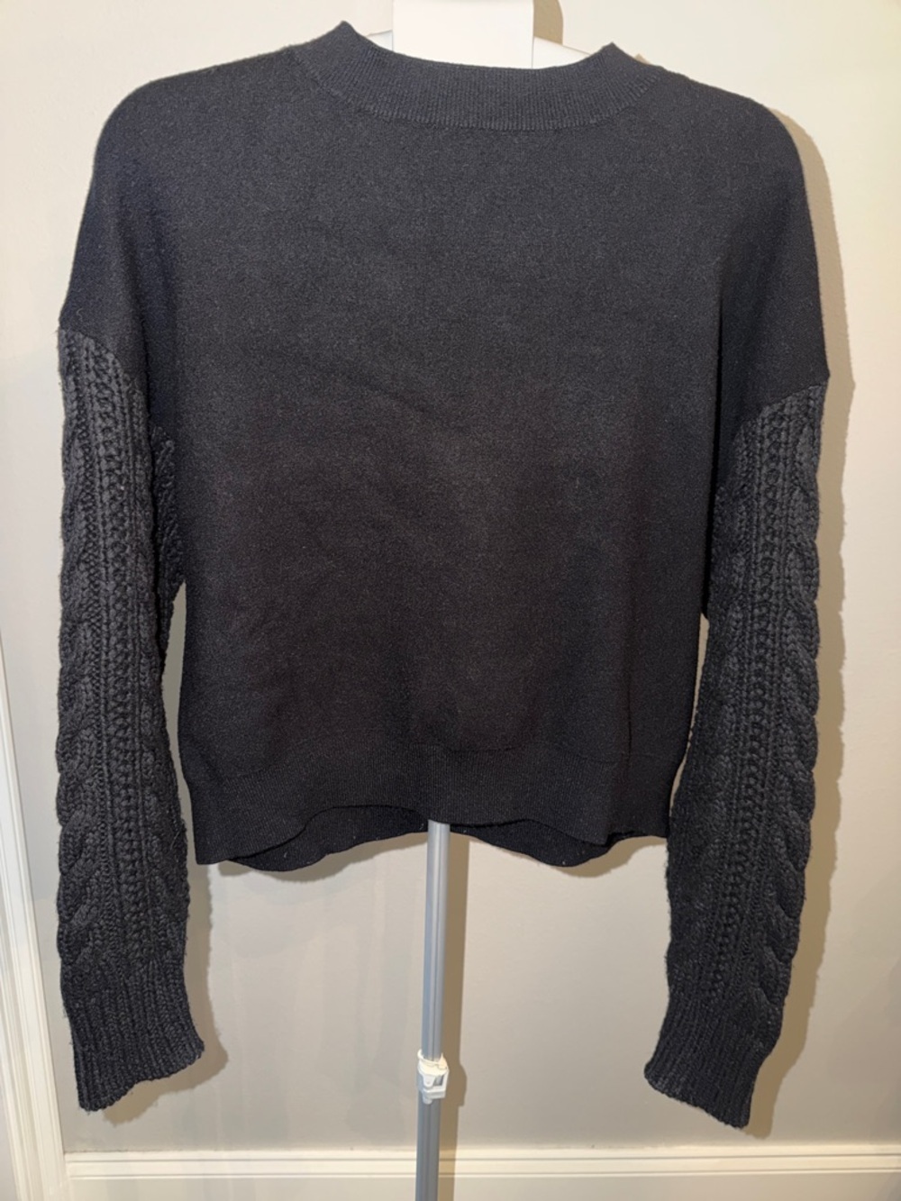 Zara Black Crewneck Sweater with Cable-Stitched Sleeves